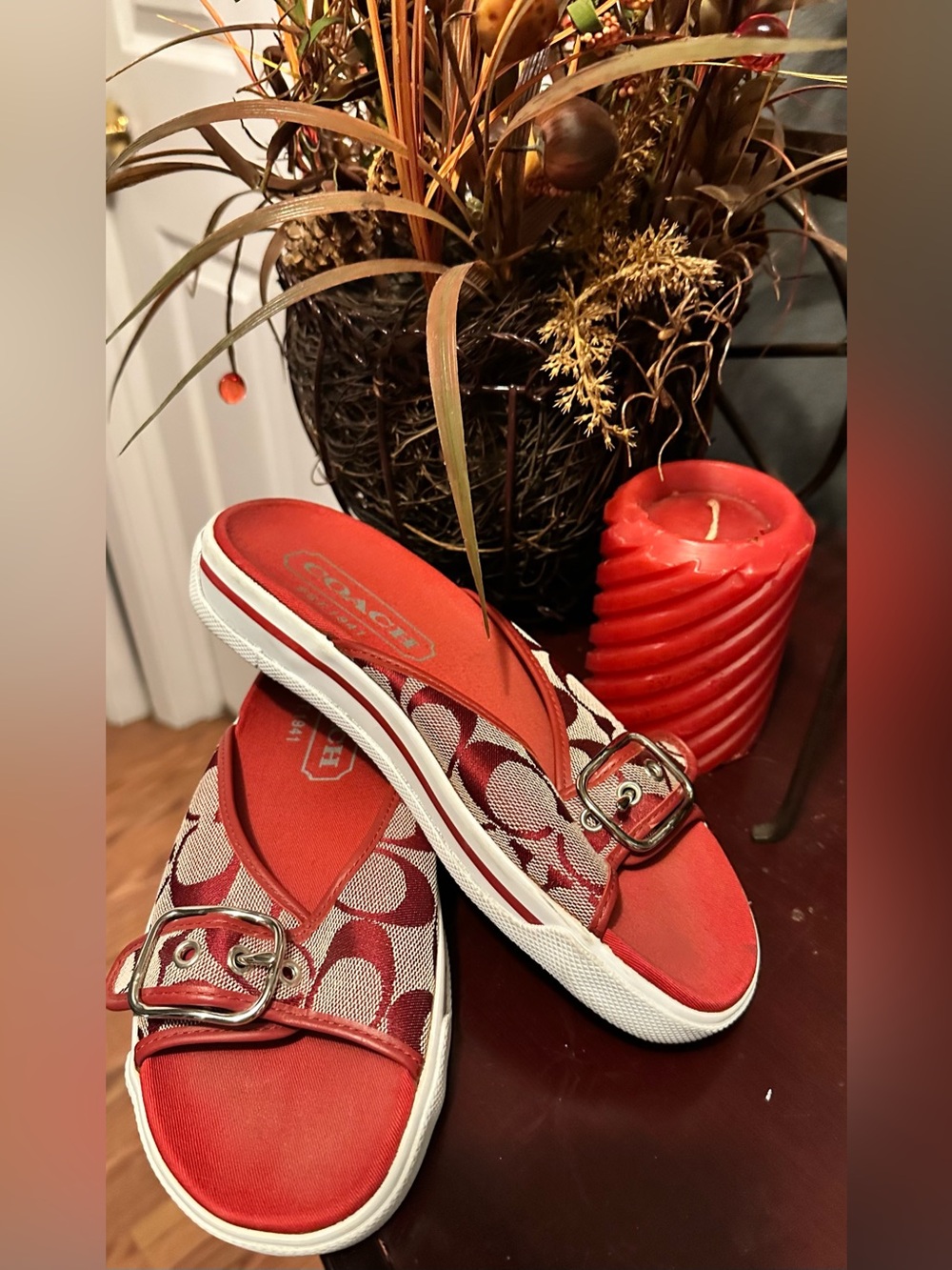 Vintage Y2K Coach Red Signature Canvas Slide Sandal with Silver Buckle Sz 5.5